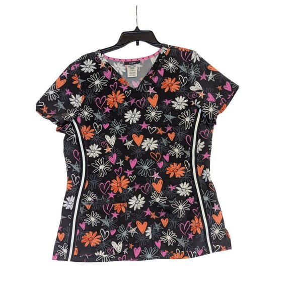 Heartsoul Womens V-Neck Scrub Top With Floral & Heart Print L/G/G - Picture 1 of 4
